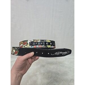 Ed Hardy Men's 36" Skull Tiger Print Black Belt Rivet Studs D-Rings Bonded Leath